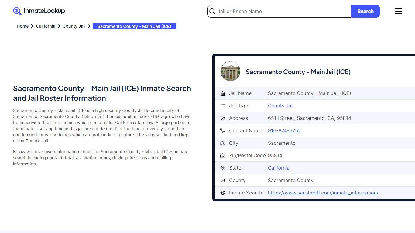 Sacramento County - Main Jail (ICE) (CA) Inmate Search California ...